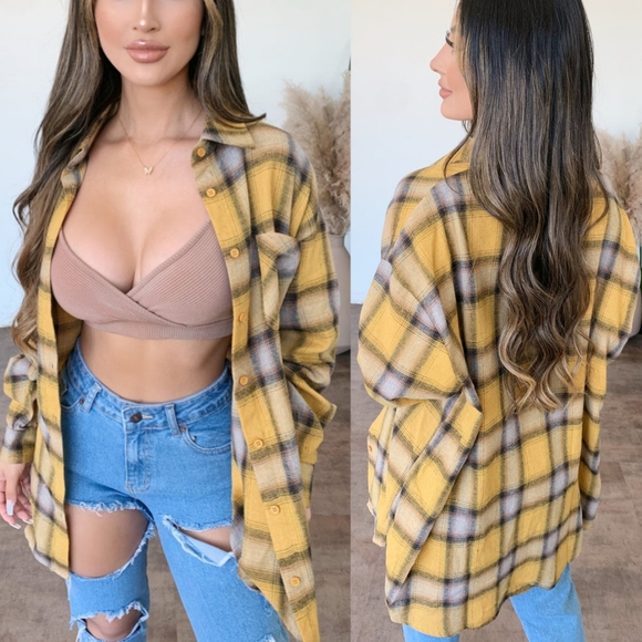 OOTDFash Tops - . OOTDFASH Bennie Yellow Plaid Oversized Button Up Flannel